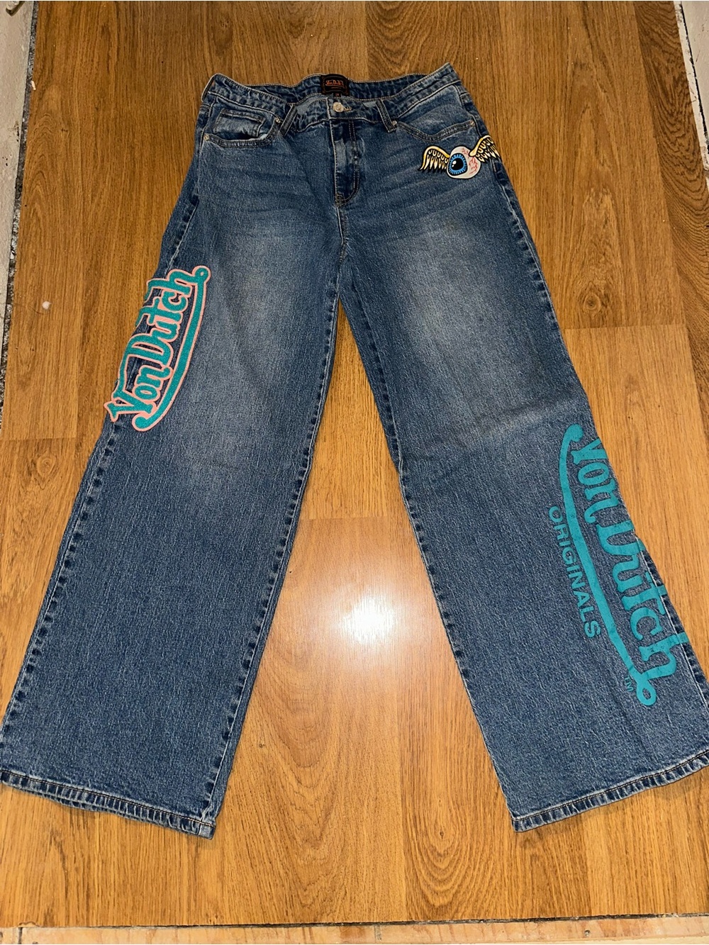Von Dutch Blue Wide-Leg Jeans with Teal Logo Patches